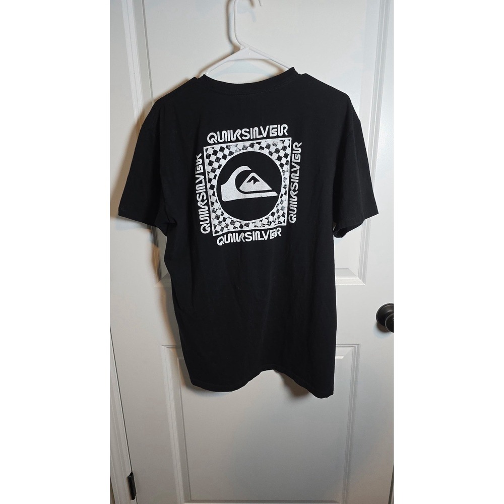 Quiksilver Mens Graphic T-Shirt Black Large Regular Fit Checkered Back Logo Tee‎